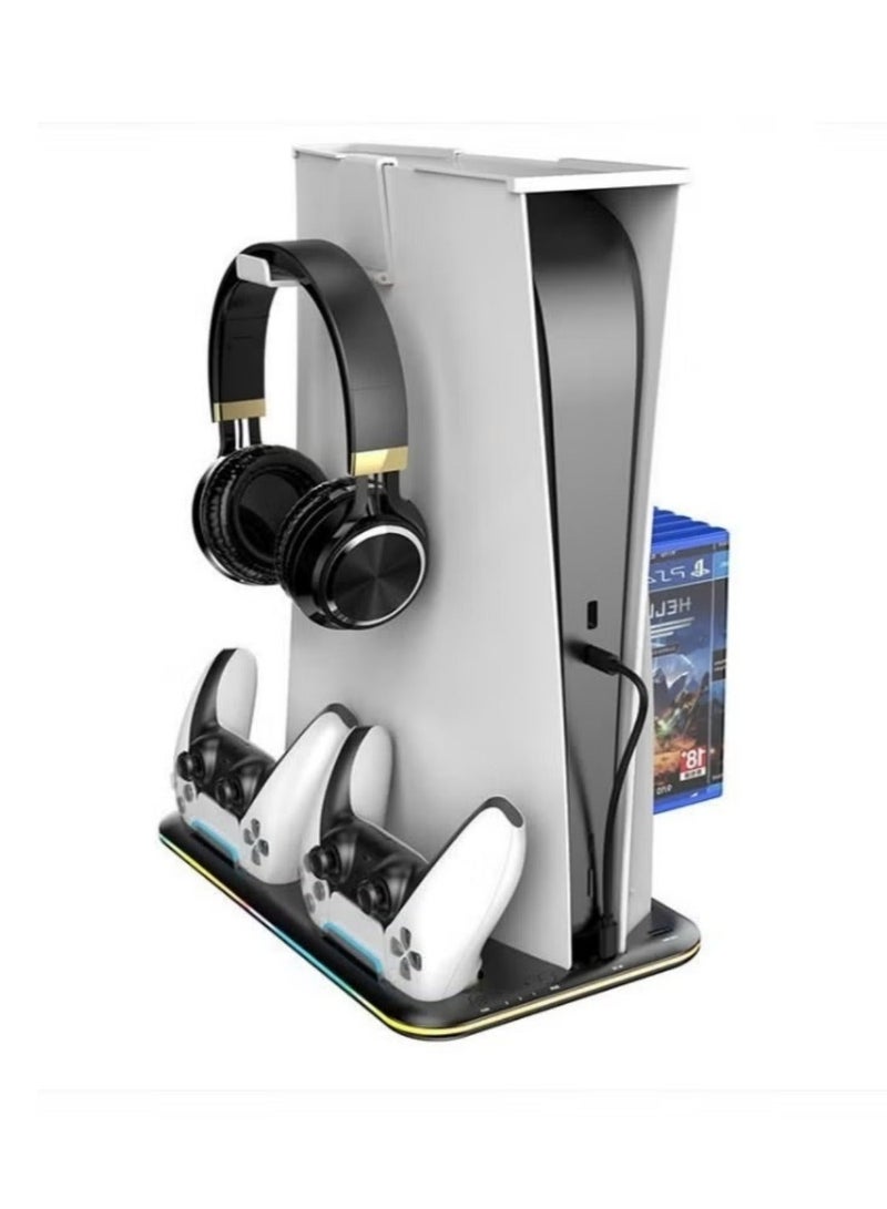 بيلينجدون قاعدة تبريد وحامل لجهاز PS5 Pro/Slim/PS5 مع إضاءة RGB LED، وقاعدة شحن لجهاز PS5، وقاعدة تبريد مزودة بمروحة تبريد وشاحن مزدوج لوحدات تحكم PS5، وحامل سماعة رأس، وفتحة ألعاب. - Image 1